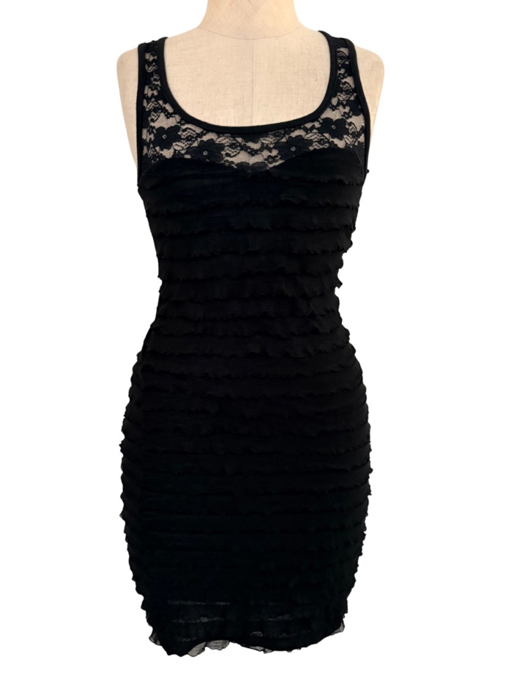 Y2k Papaya Black Lace-Trim Ruffled Mini Dress Sheer Bodycon Going Out Small